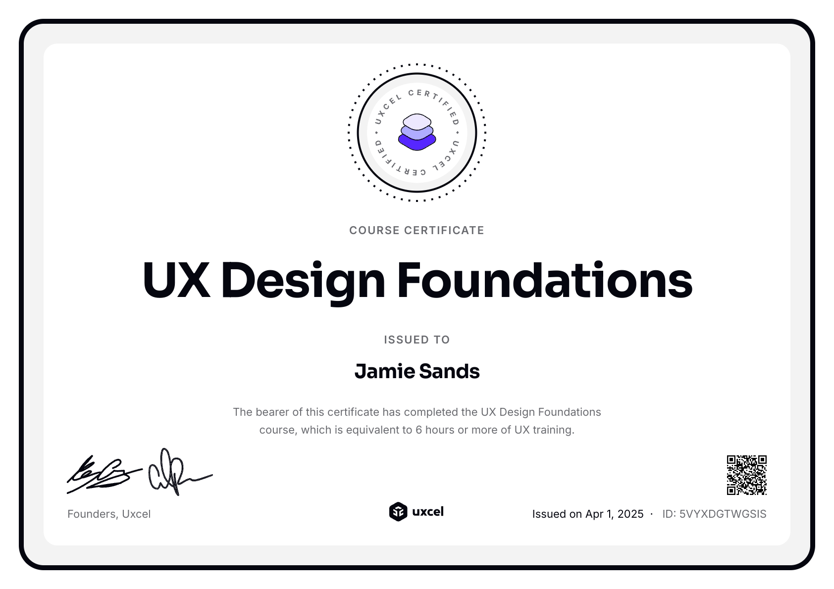 Jamie Sands's certificate